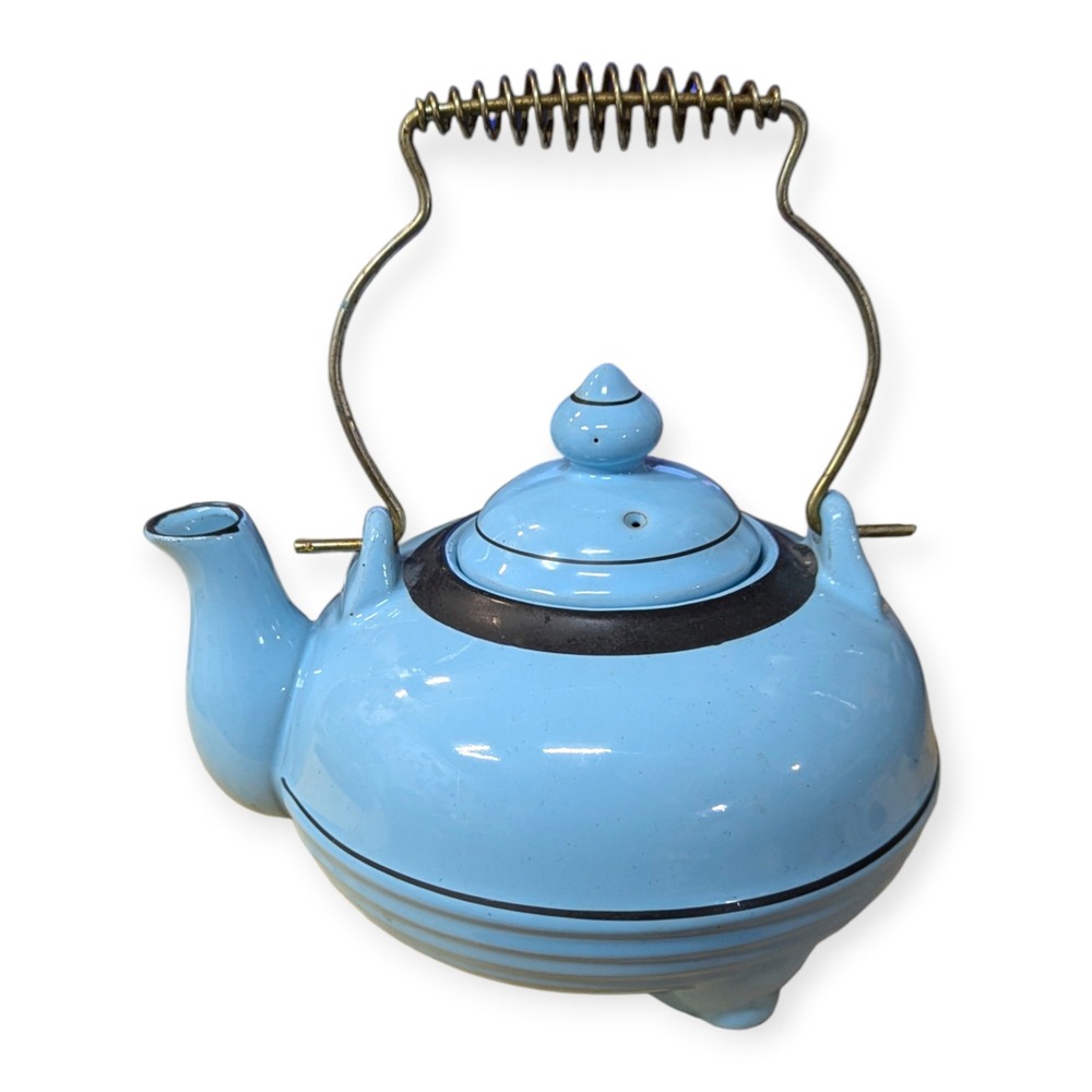 Vintage Art Deco Blue Ceramic Teapot Black Banded Tripod Feet Brass‎ Coil Handle